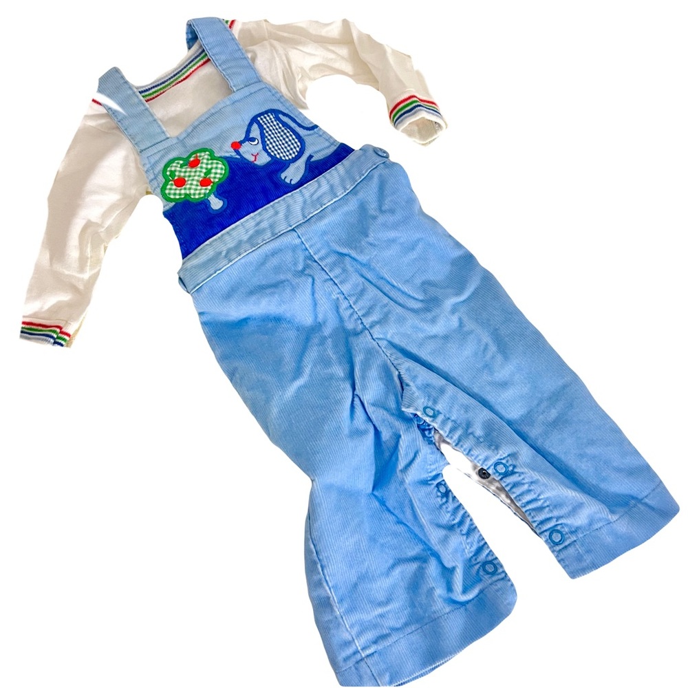 Children’s Baby Vintage 70s Carters Blue Corduroy Dog Overall Top Set
